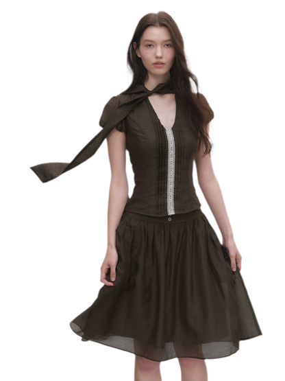 Tie-Neck Flared Skirt Set