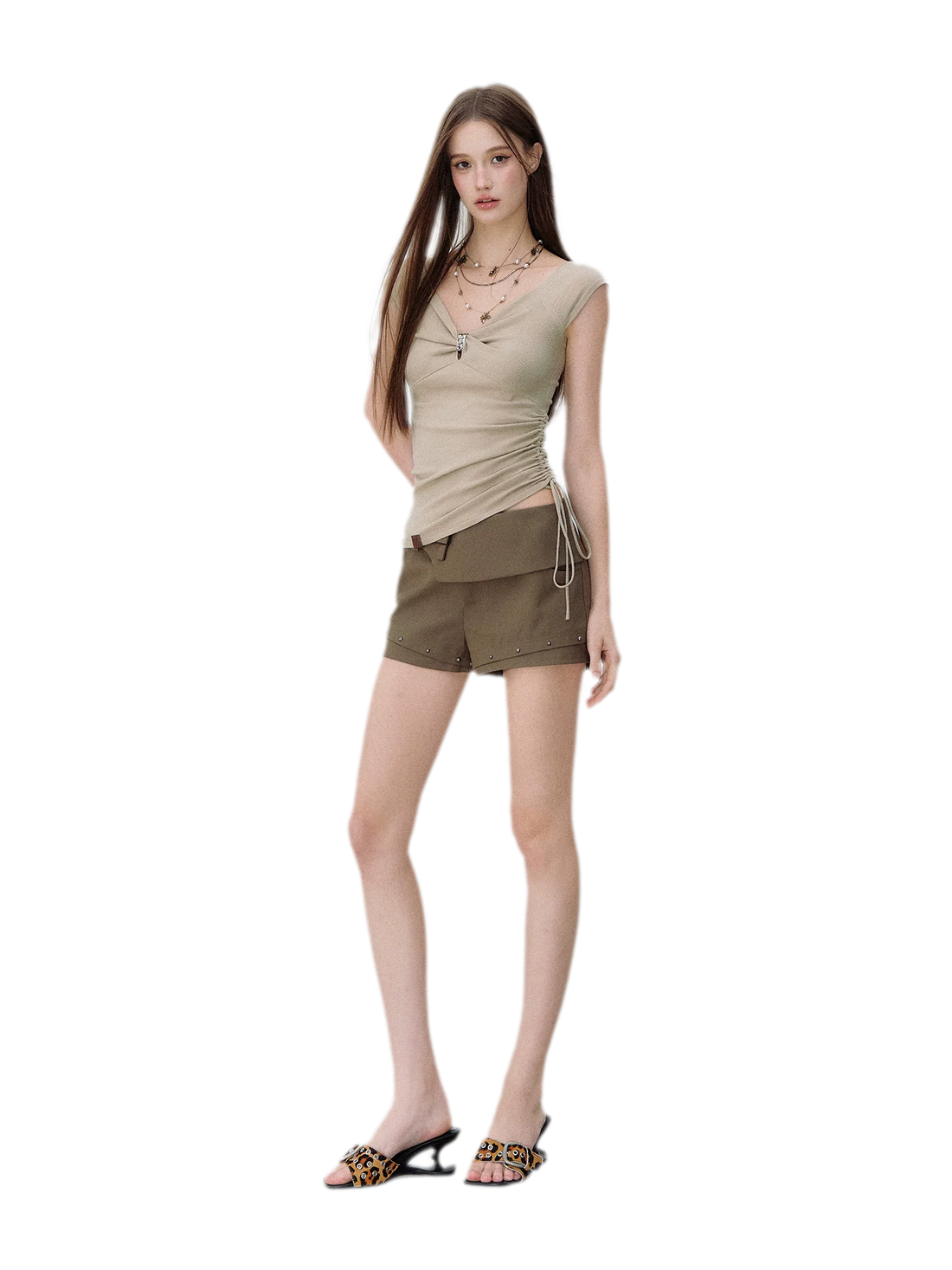 Deconstructed Bow-Tie Hem Studded Shorts