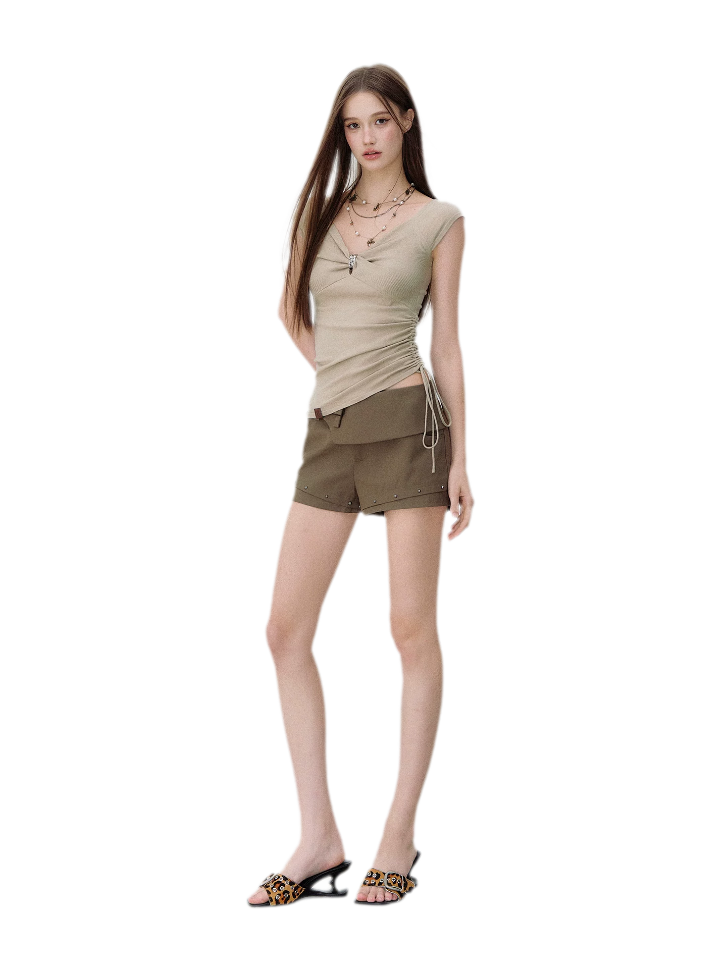 Deconstructed Bow-Tie Hem Studded Shorts