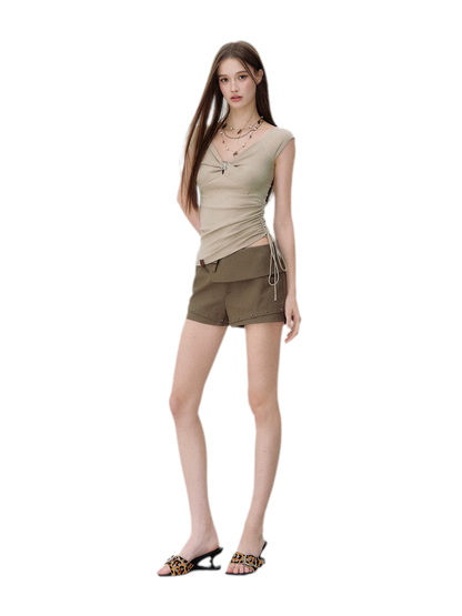 Deconstructed Bow-Tie Hem Studded Shorts