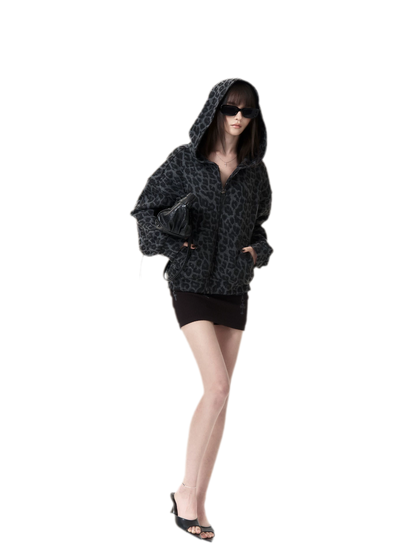Veste sweat à capuche imprimé léopard en molleton brossé