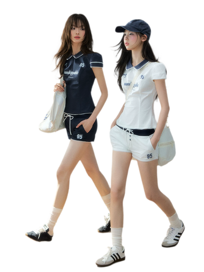 Korean Sporty Print Puff Sleeve Shirt &amp; Shorts