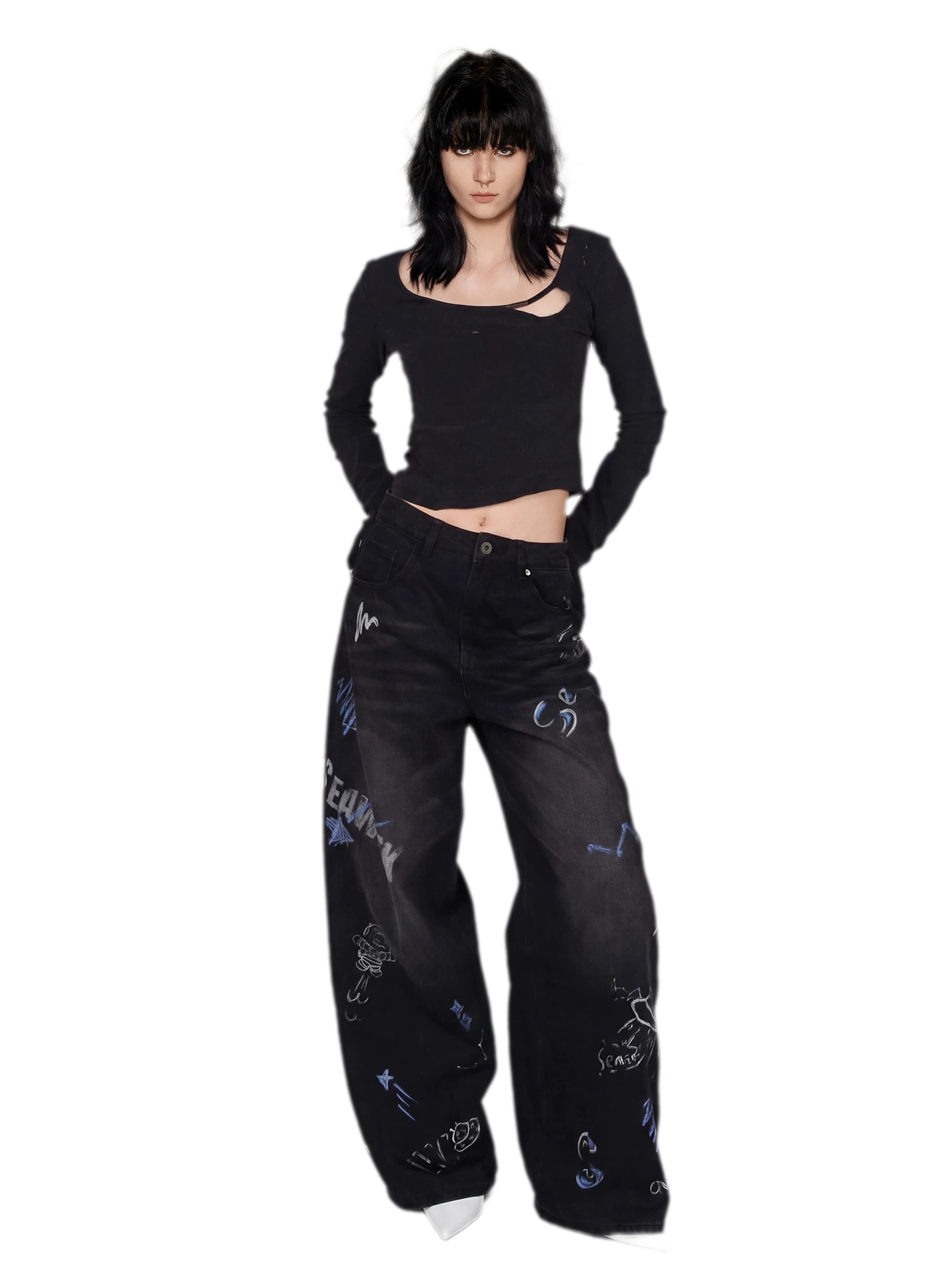 Washed Graffiti Wide-Leg Jeans