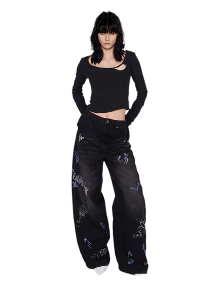 Washed Graffiti Wide-Leg Jeans