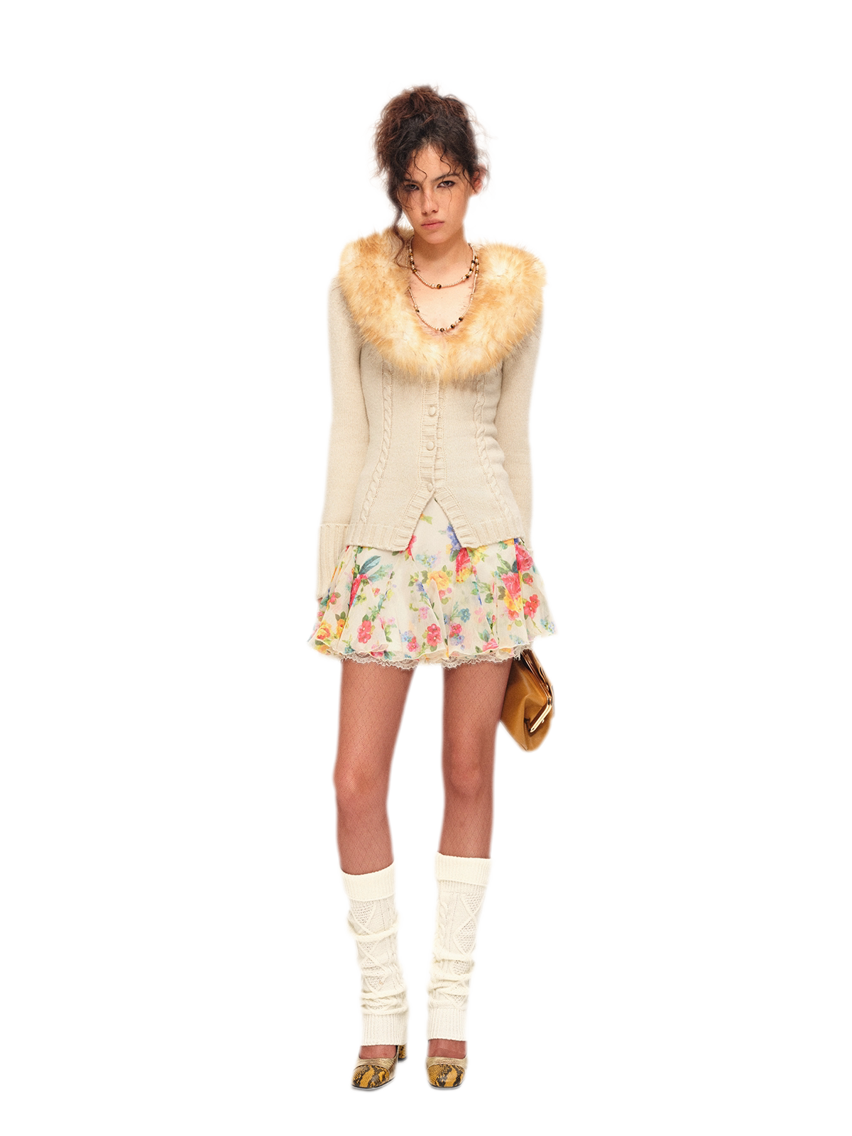 Bộ cardigan và chân váy dệt kim ánh nhũ