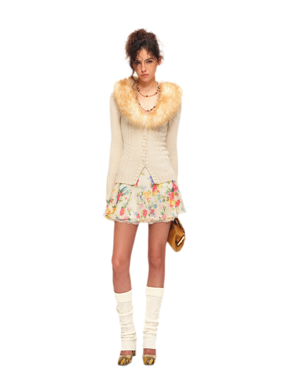 Bộ cardigan và chân váy dệt kim ánh nhũ