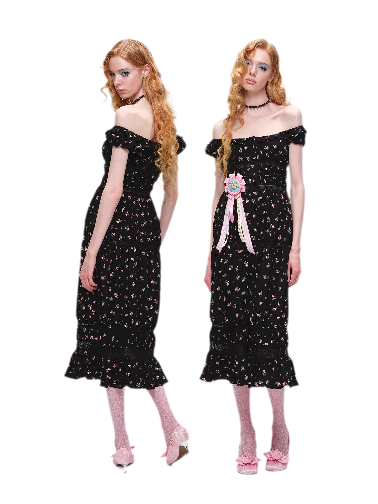 Long Floral Lace Chiffon Dress