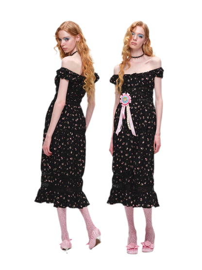 Long Floral Lace Chiffon Dress