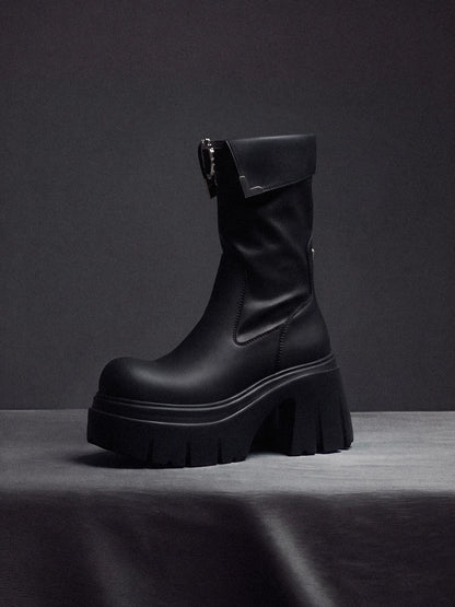 Metallic Strap Platform Mid-Calf Boots