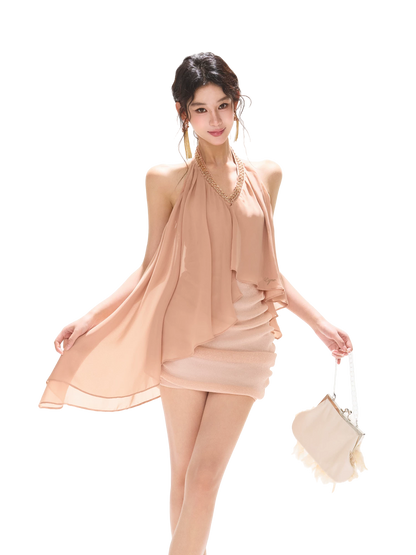 Floating Light Halter V-Neck Beaded Chiffon Dress