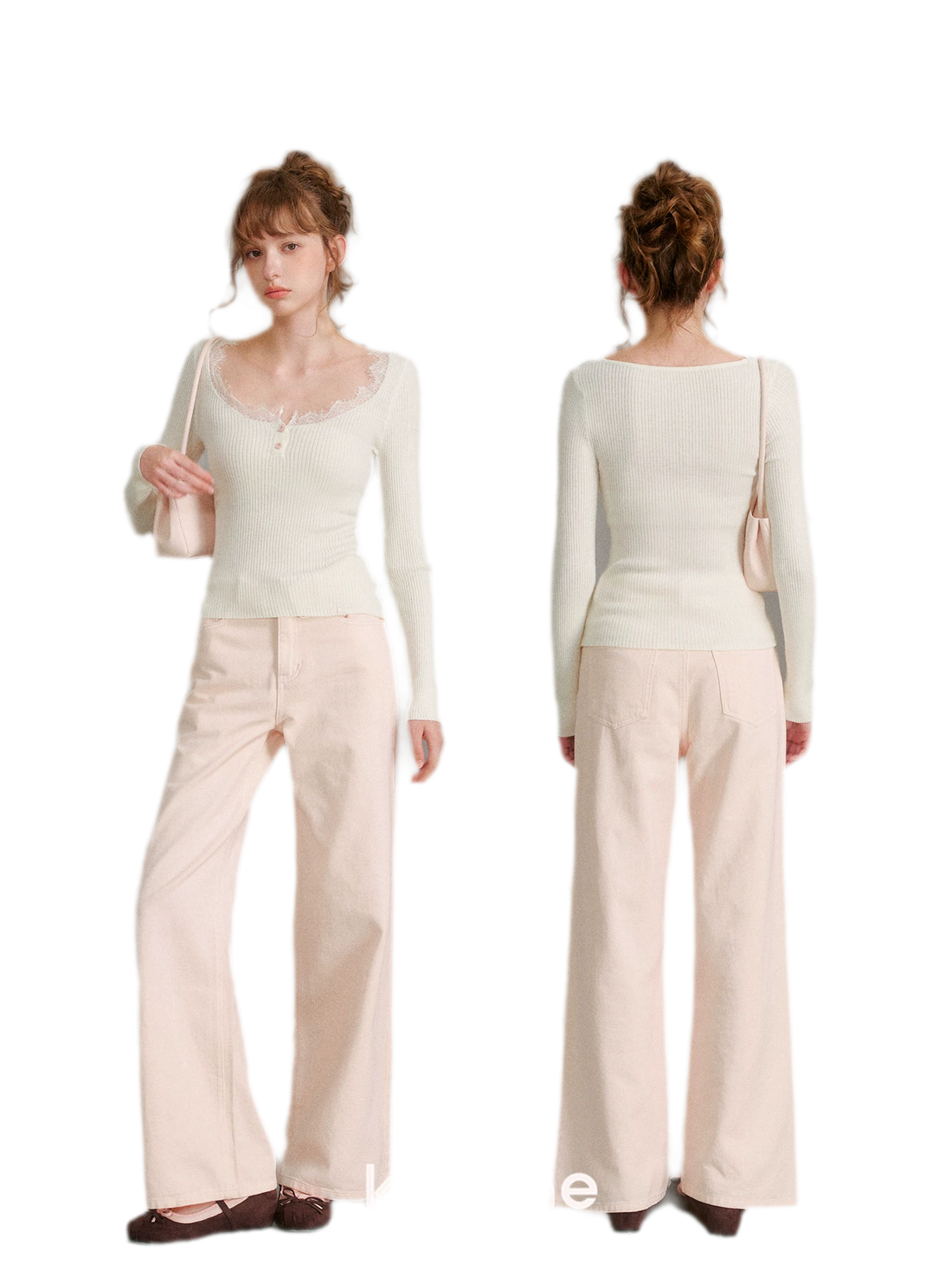 Cotton Lace-Trim Wide-Leg Jeans