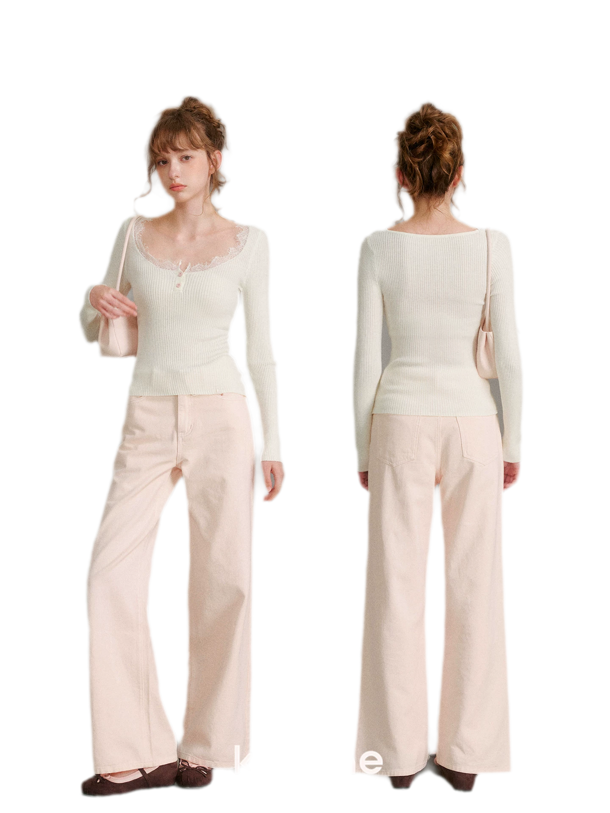 Cotton Lace-Trim Wide-Leg Jeans