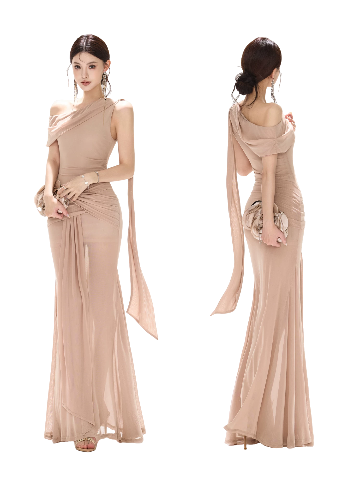 Asymmetric Off-Shoulder Mesh Long Dress