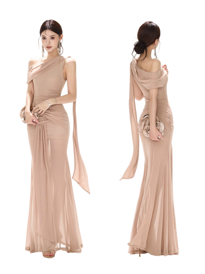 Asymmetric Off-Shoulder Mesh Long Dress