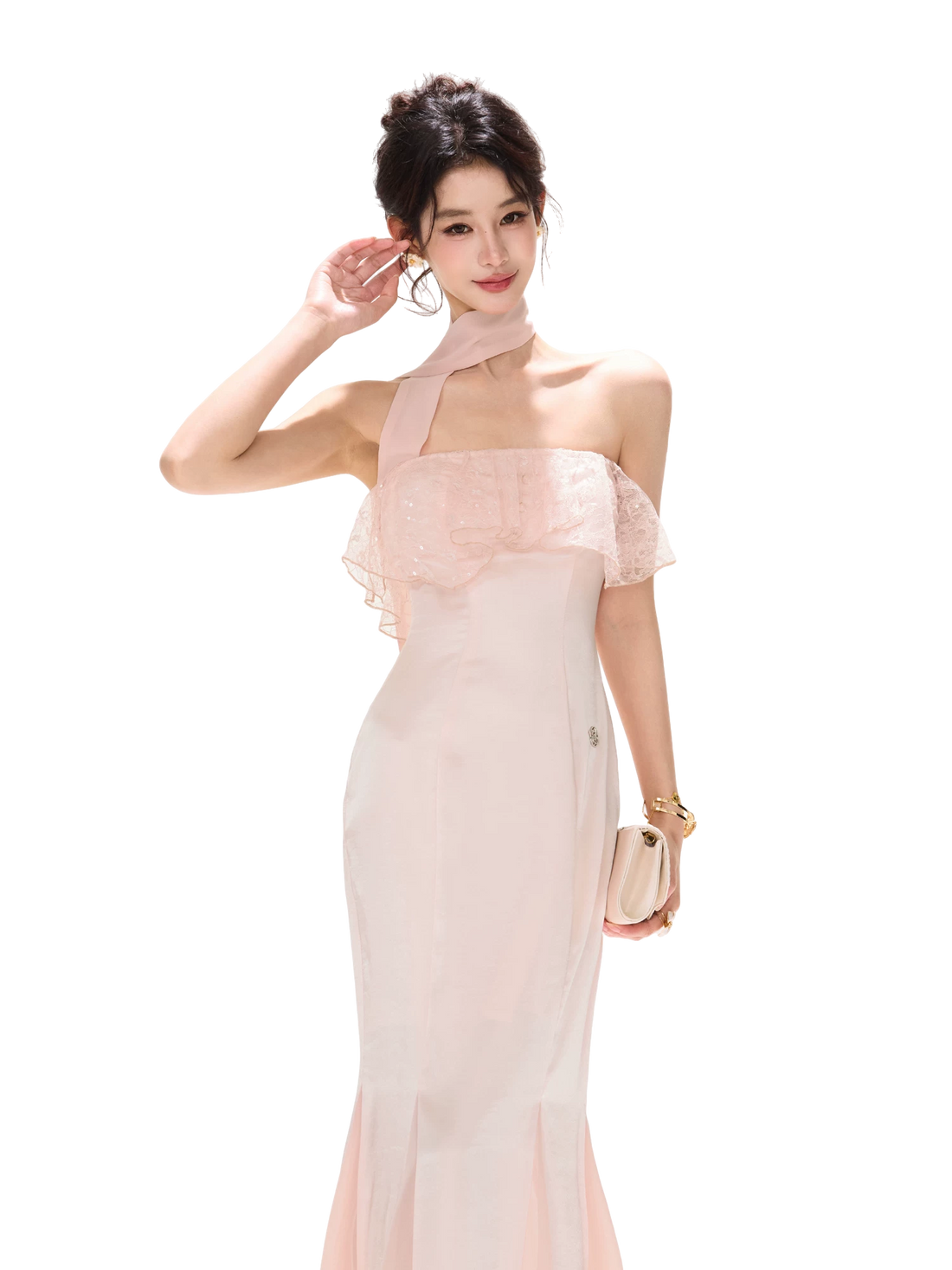 Champagne Pink Lace Fishtail Strapless Long Dress
