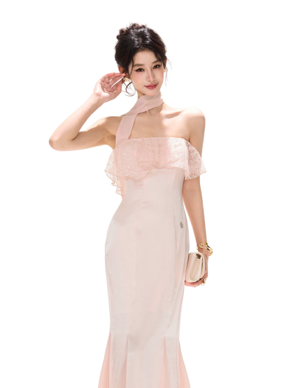 Champagne Pink Lace Fishtail Strapless Long Dress