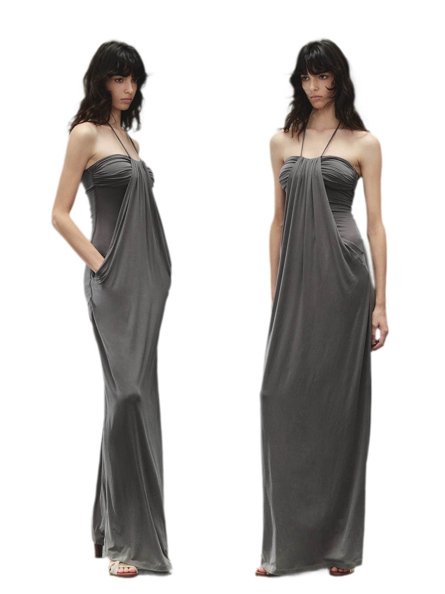 Laisel Handwoven Twist Metallic Chain Pleated Halter Dress