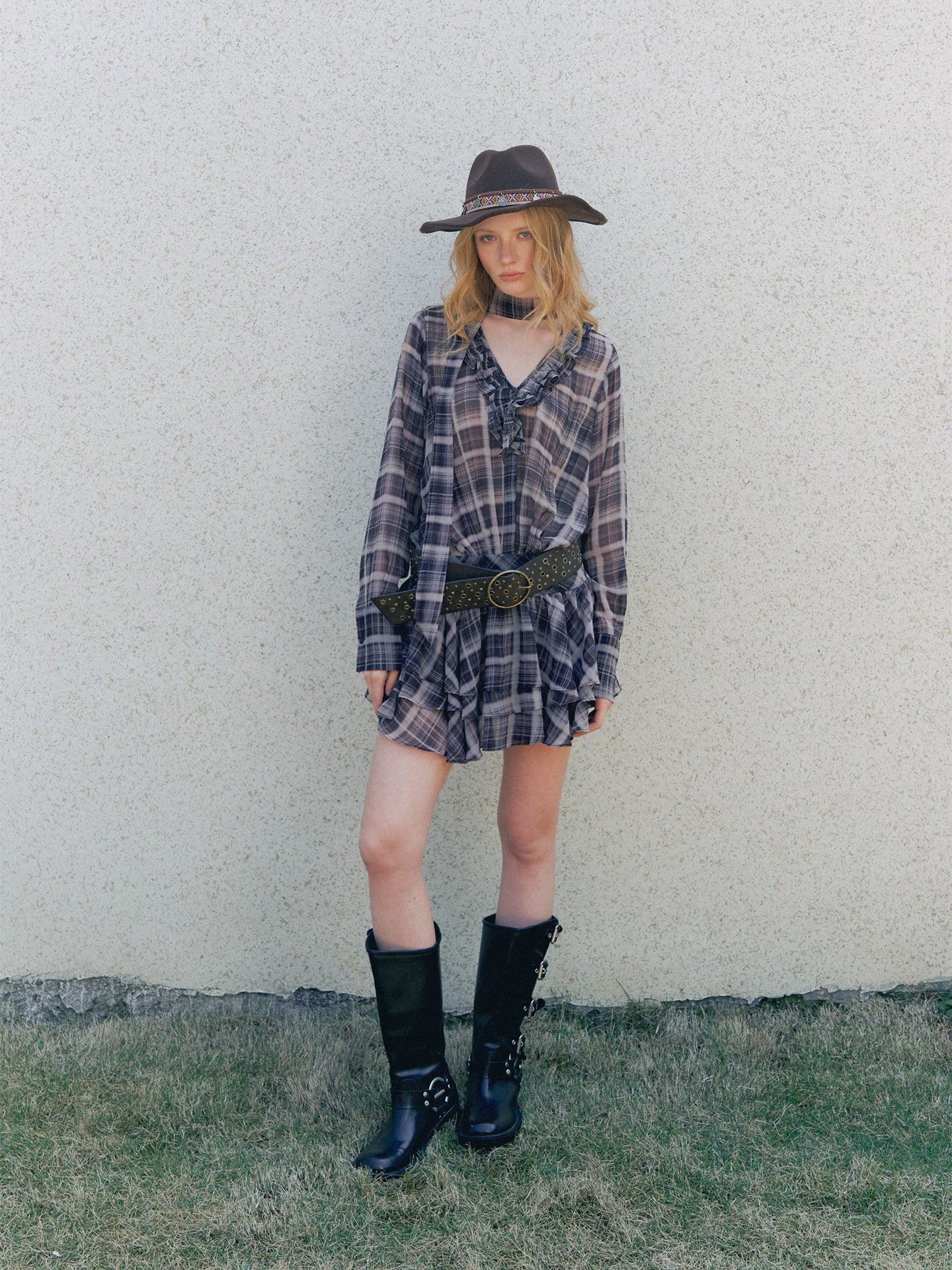 Plaid Chiffon V-Neck Dress