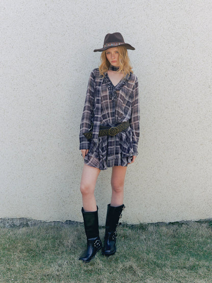 Plaid Chiffon V-Neck Dress