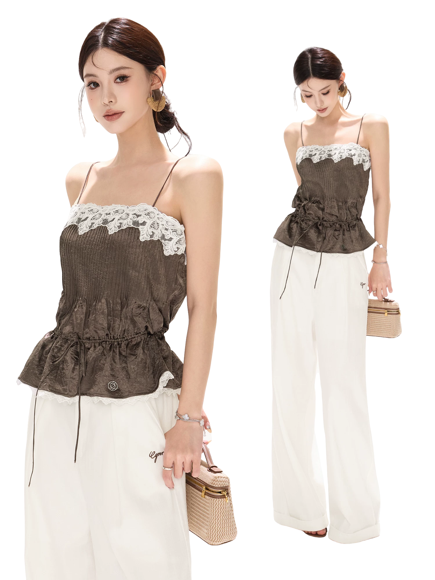 South France Holiday Contrast Lace Trim Ruffle Camisole