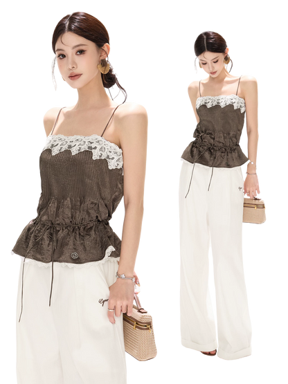 South France Holiday Contrast Lace Trim Ruffle Camisole