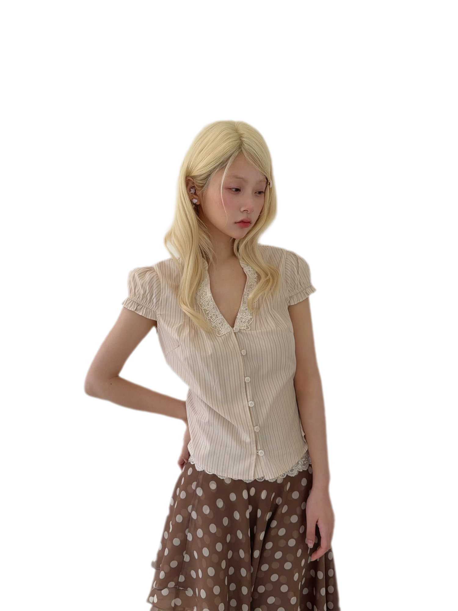 Lace V-Neck Puff Blouse