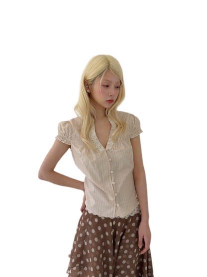 Lace V-Neck Puff Blouse
