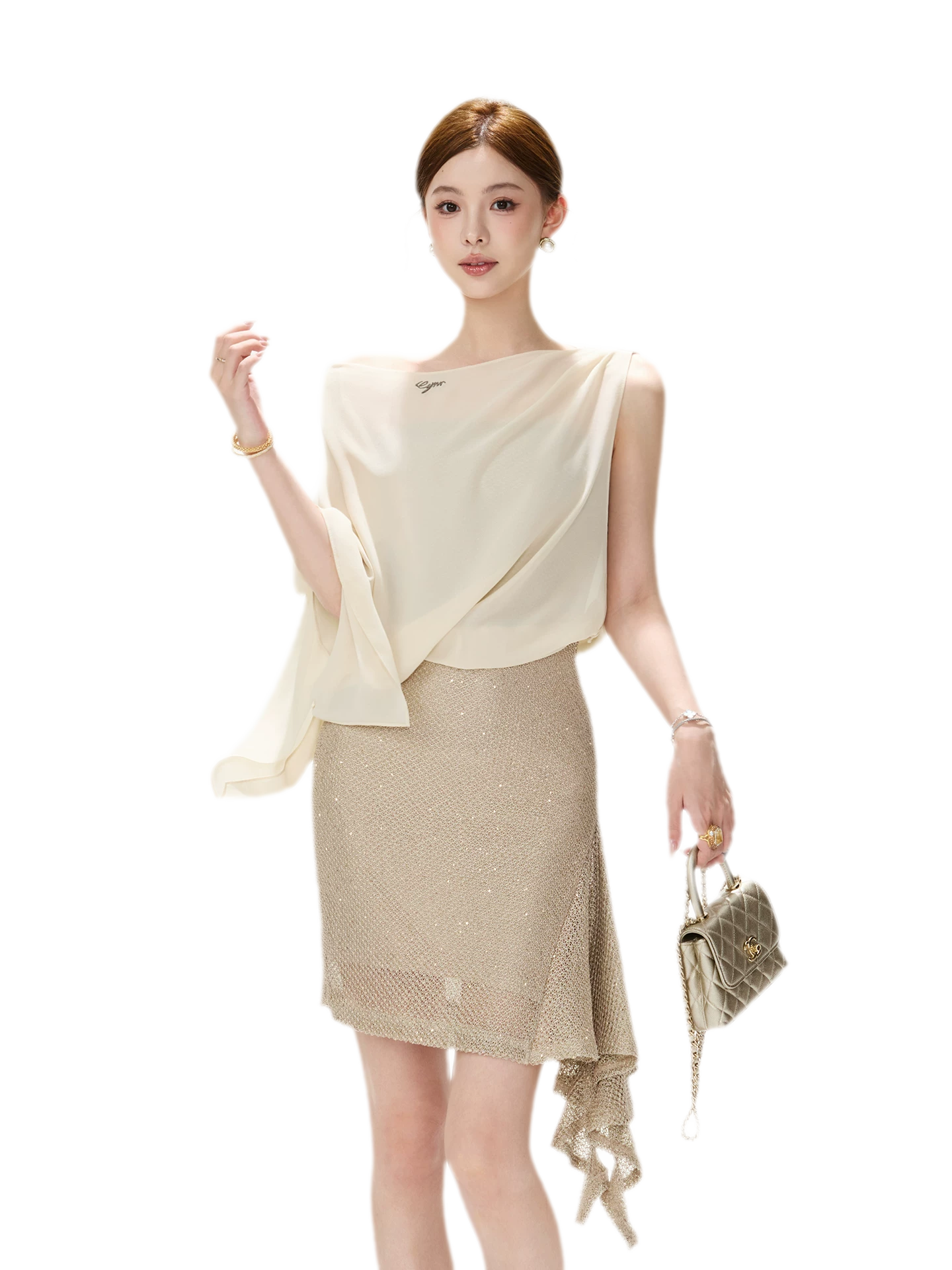 CYNR Sheer Drape Off-Shoulder Dress – view 2