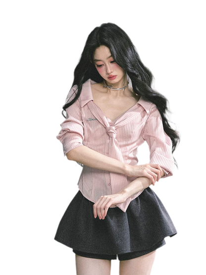 Satin Striped Tie Shirt
