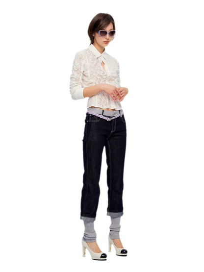 Washed Ribbed Panel Jeans