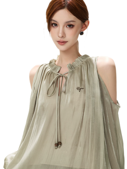 Shimmering Ruffle Cold-Shoulder Blouse