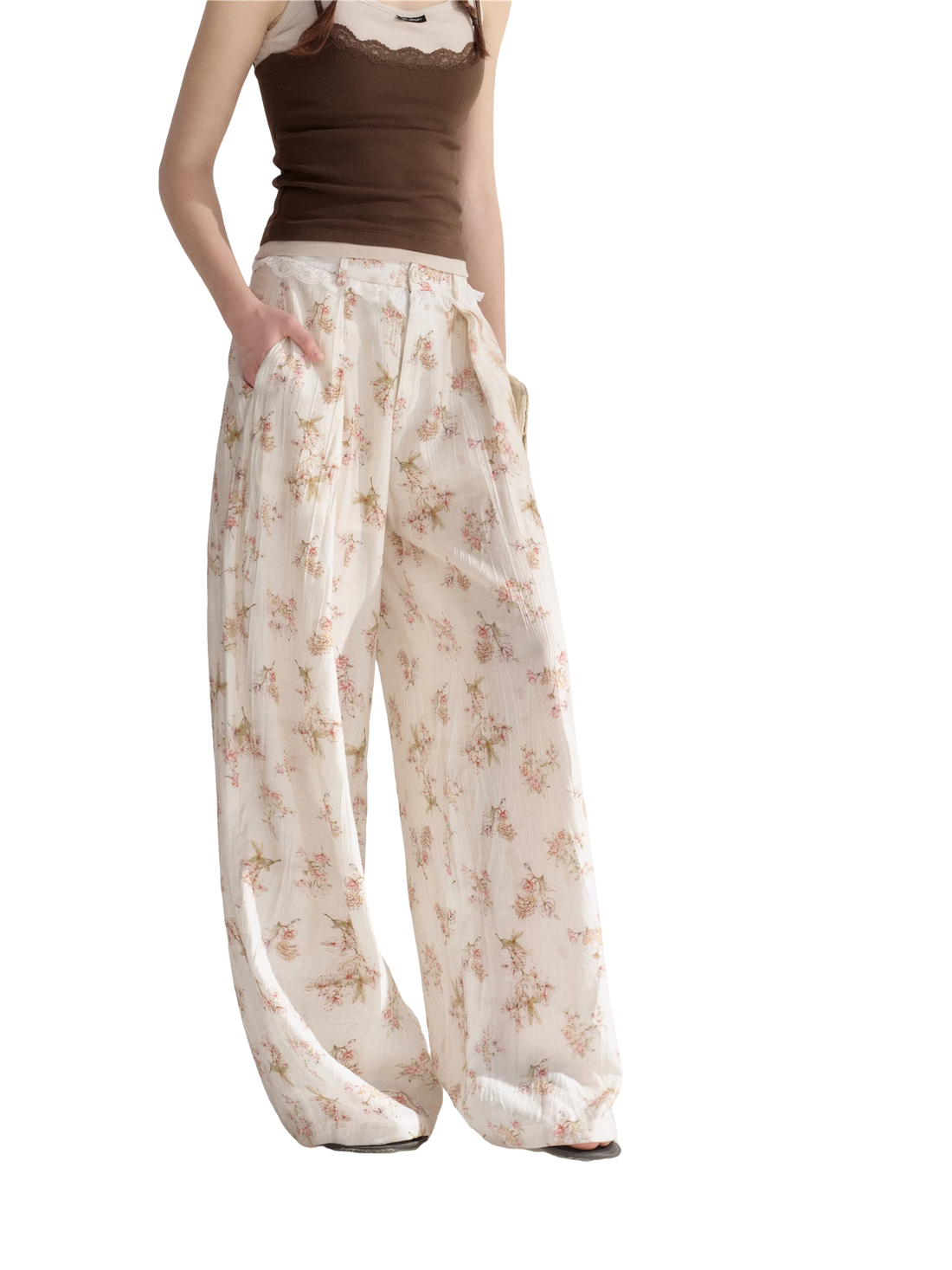 Lightweight Printed Wide-Leg Pants with Lace Waistband