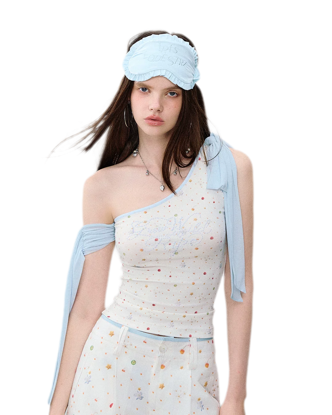 Printed Mesh One-Shoulder Tie Tank