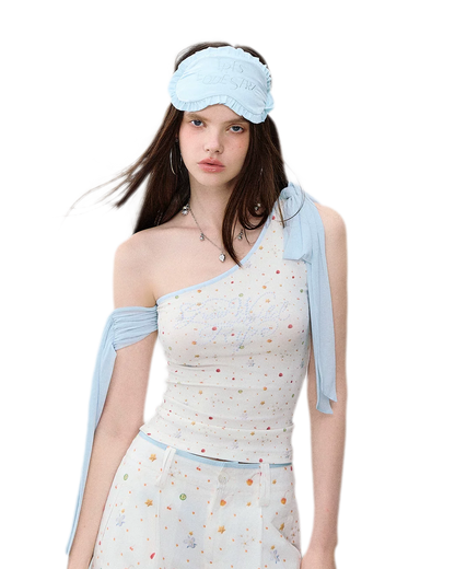 Printed Mesh One-Shoulder Tie Tank