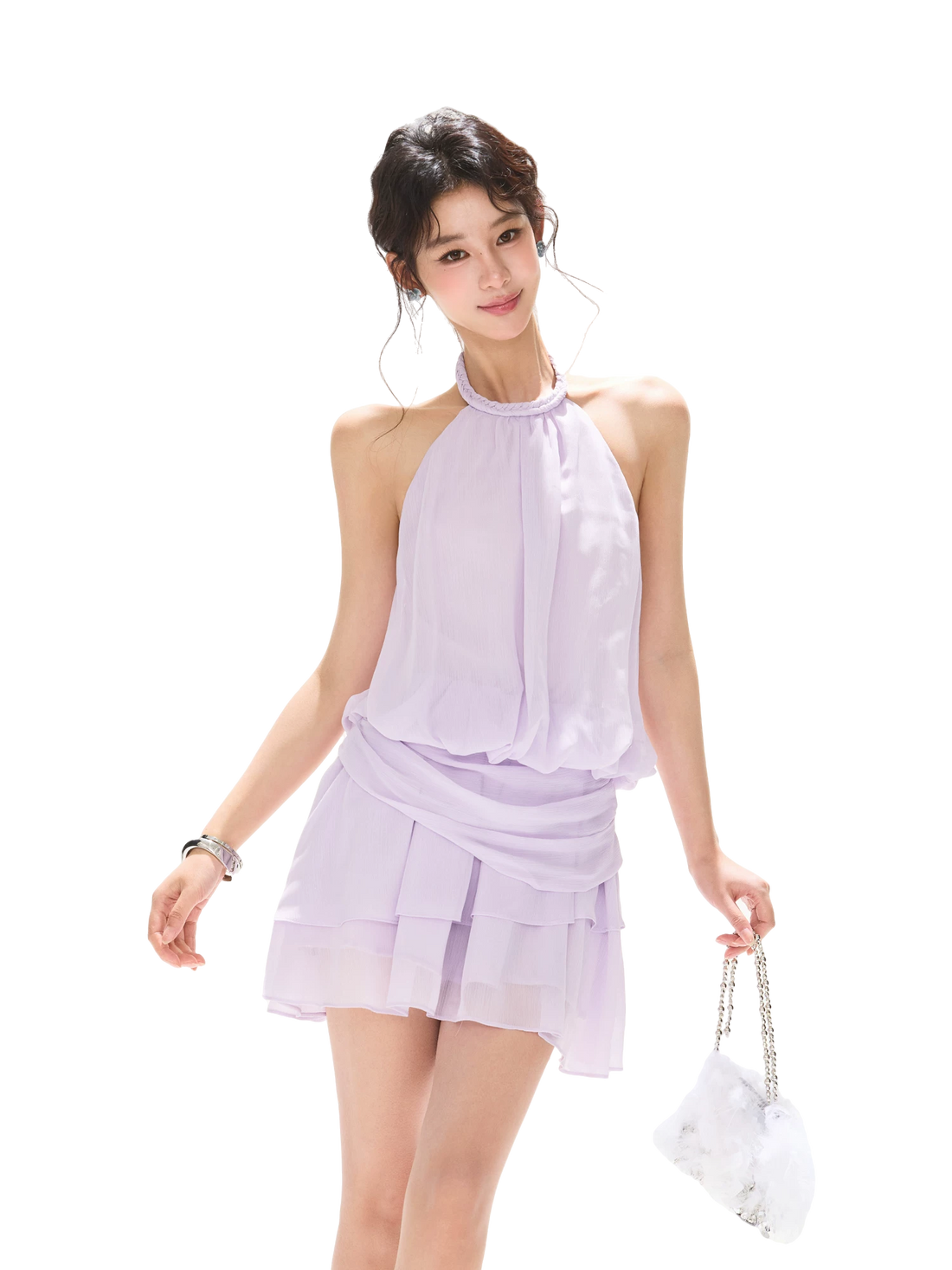 Halter Neck Sleeveless Chiffon A-Line Dress