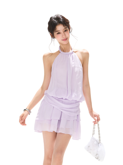 Halter Neck Sleeveless Chiffon A-Line Dress