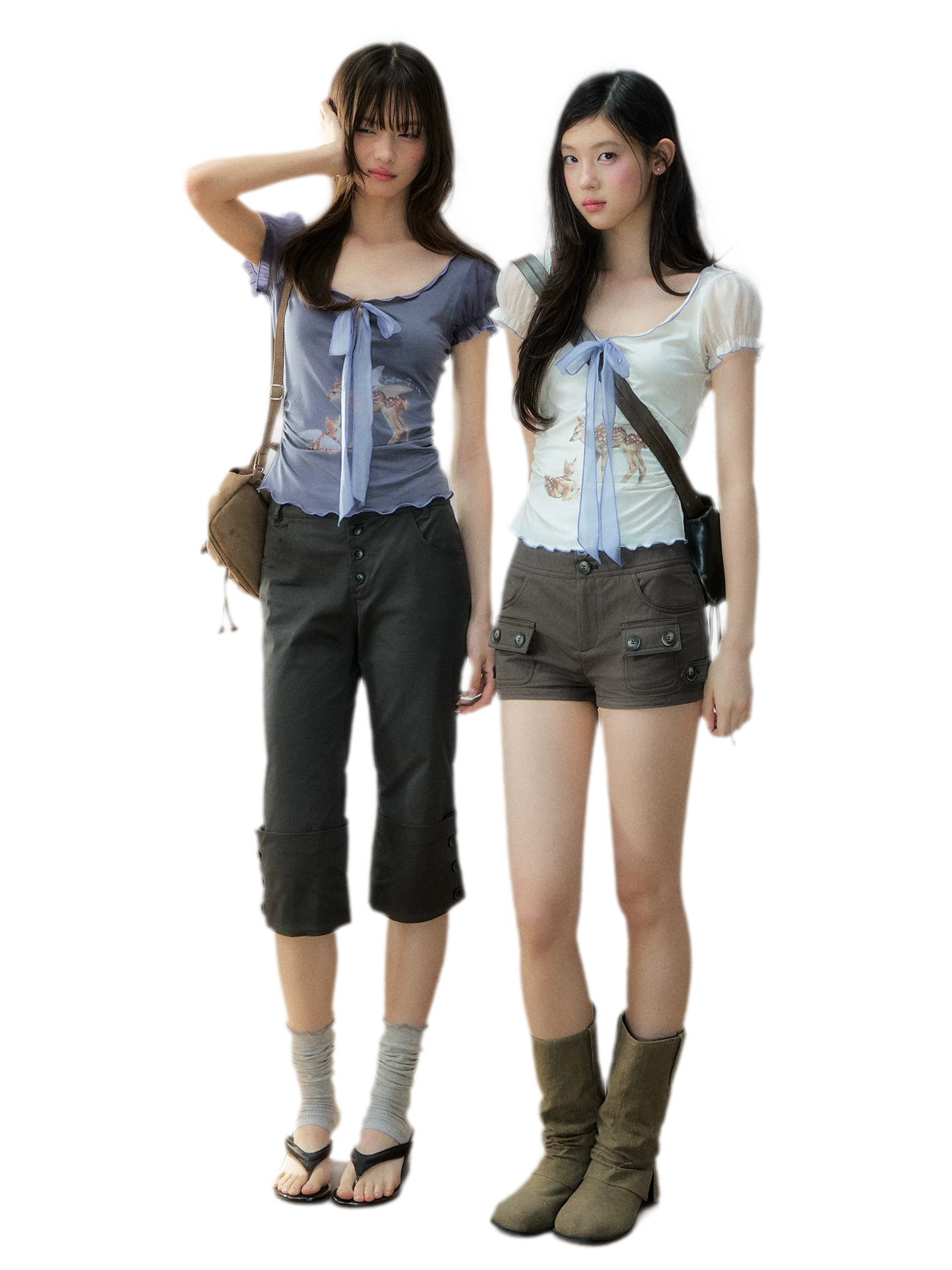 Korean Lyocell Deer Print Ribbon T-Shirt