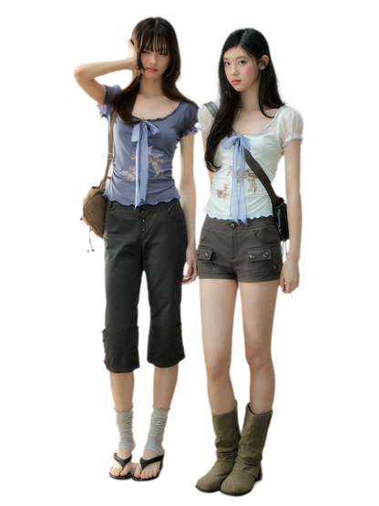 Korean Lyocell Deer Print Ribbon T-Shirt