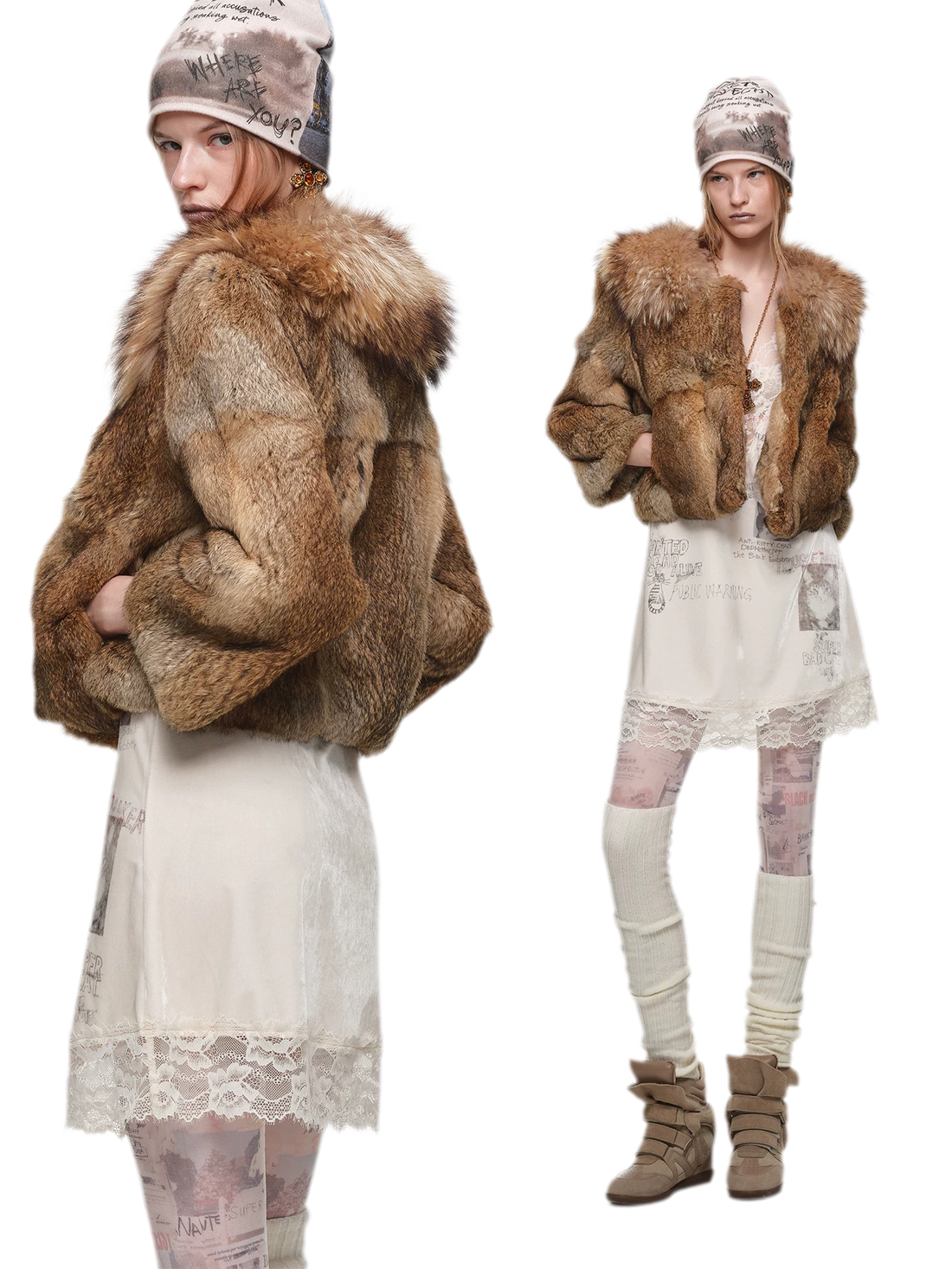 Rabbit Fur Cropped Collar Jacket 100% Angora