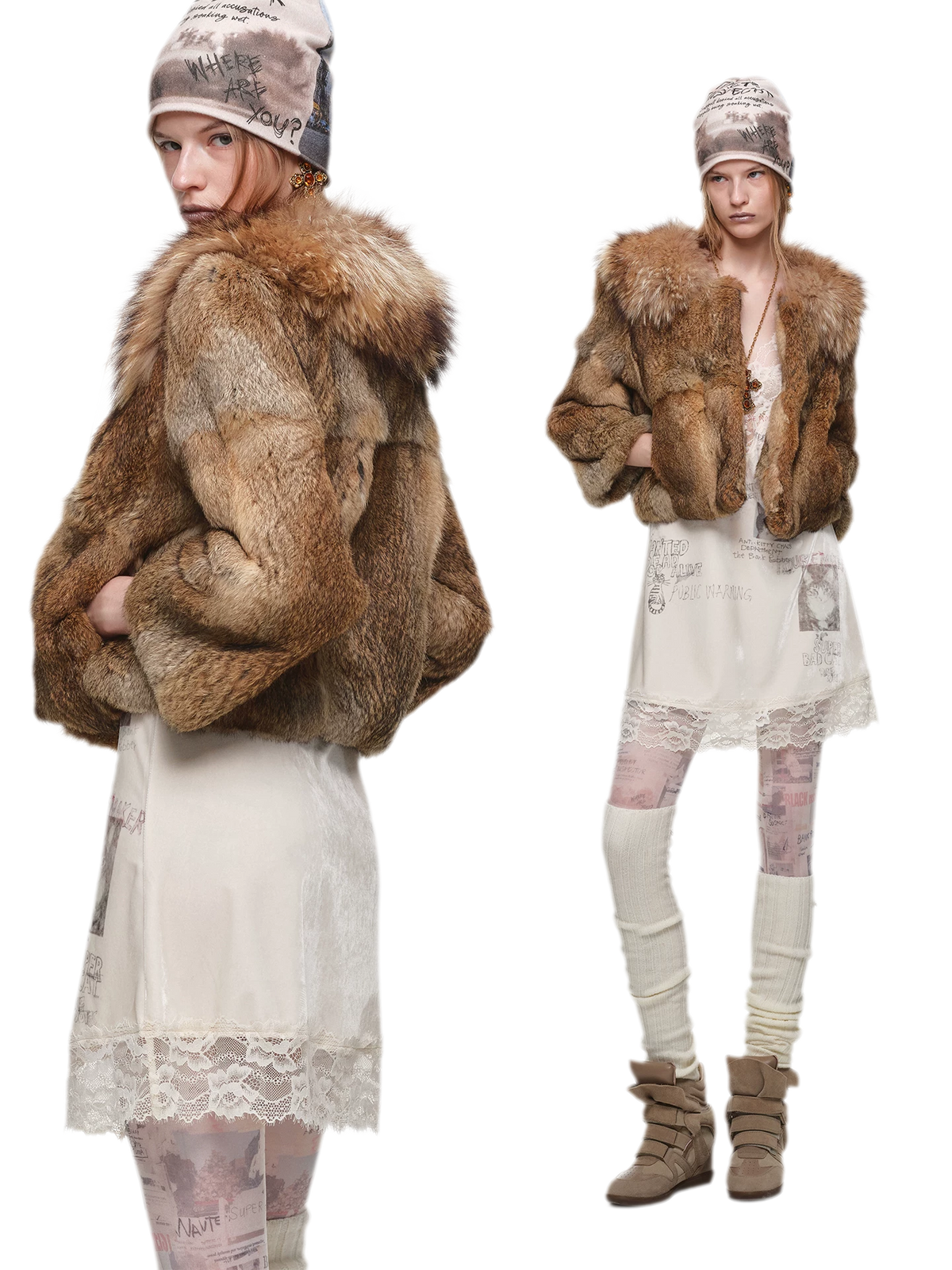 Chaqueta corta de cuello de piel de conejo 100% angora