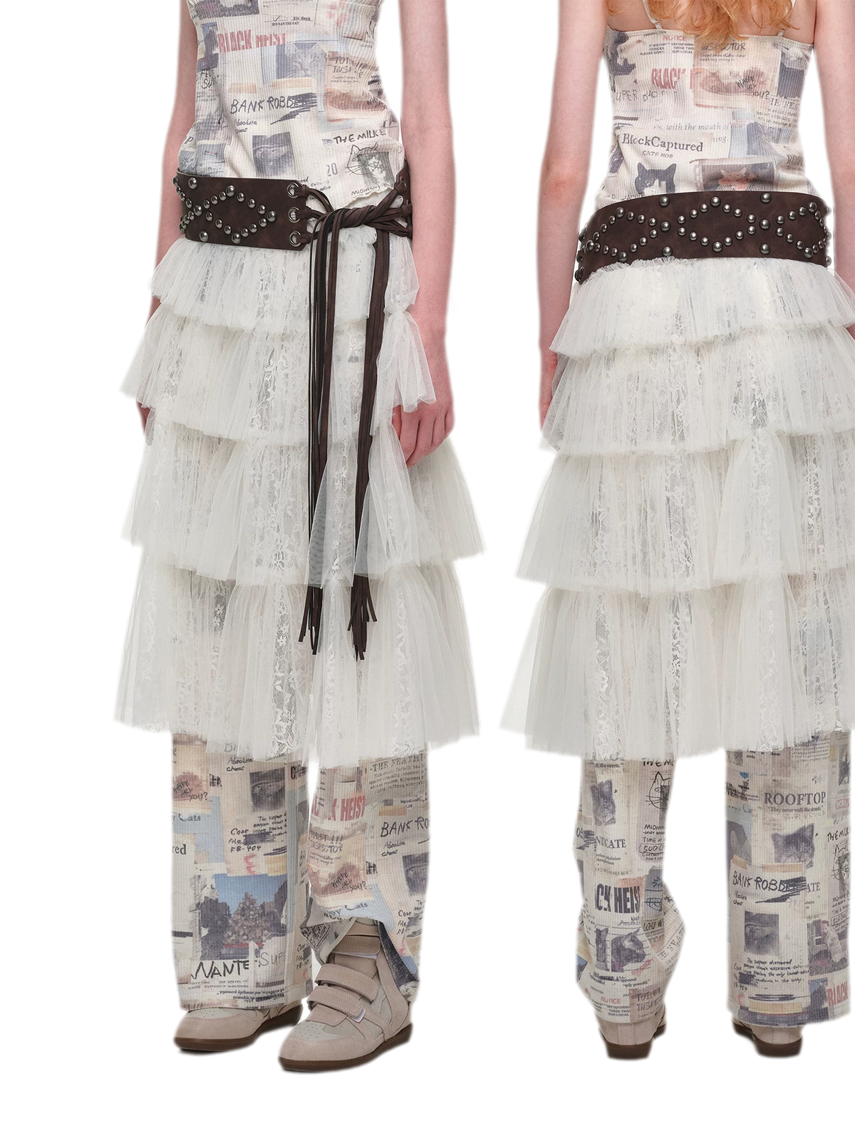 Chân váy maxi voan lưới xếp tầng nhún