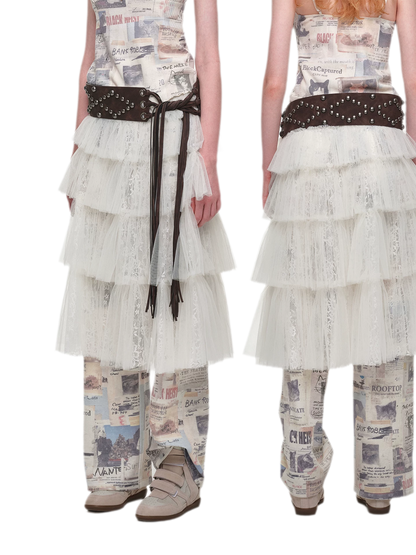 Chân váy maxi voan lưới xếp tầng nhún