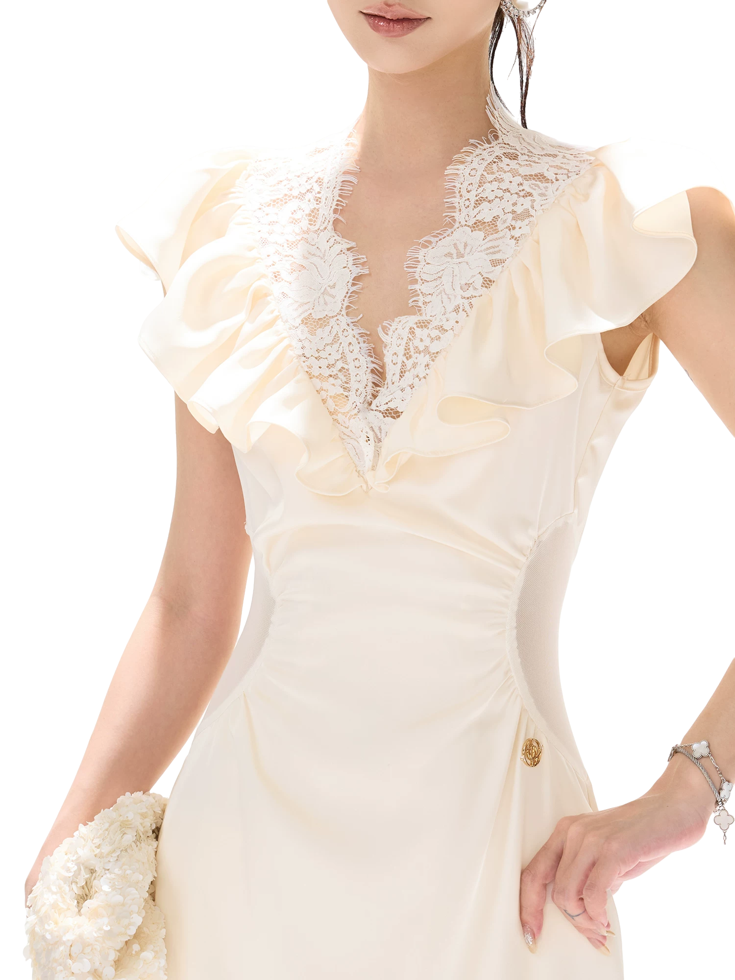 Vintage Ruffled Lace Waist-Cut Long Dress
