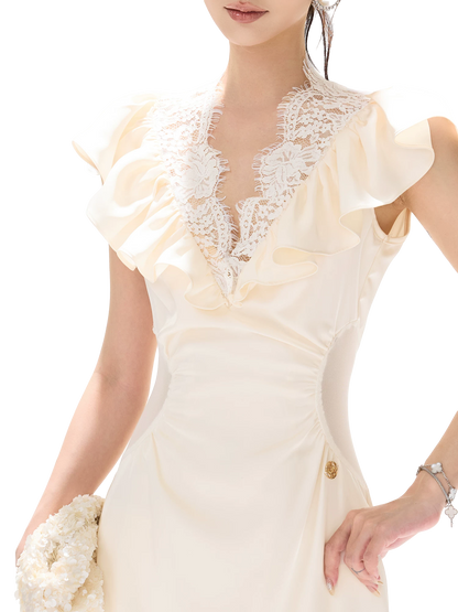 Vintage Ruffled Lace Waist-Cut Long Dress