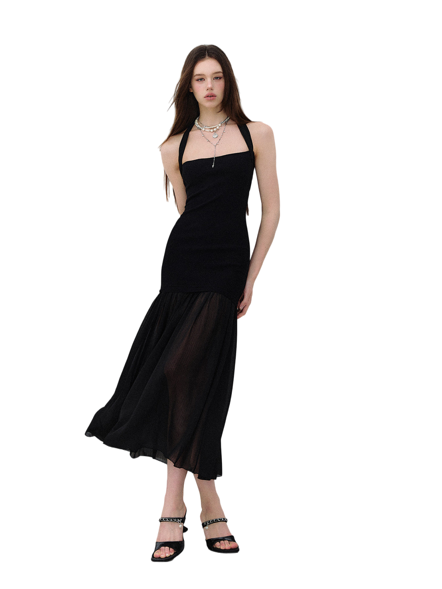 Dark Muse Spliced Mesh Halter Slim Long Dress