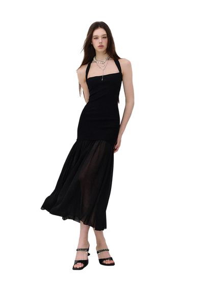 Dark Muse Spliced Mesh Halter Slim Long Dress