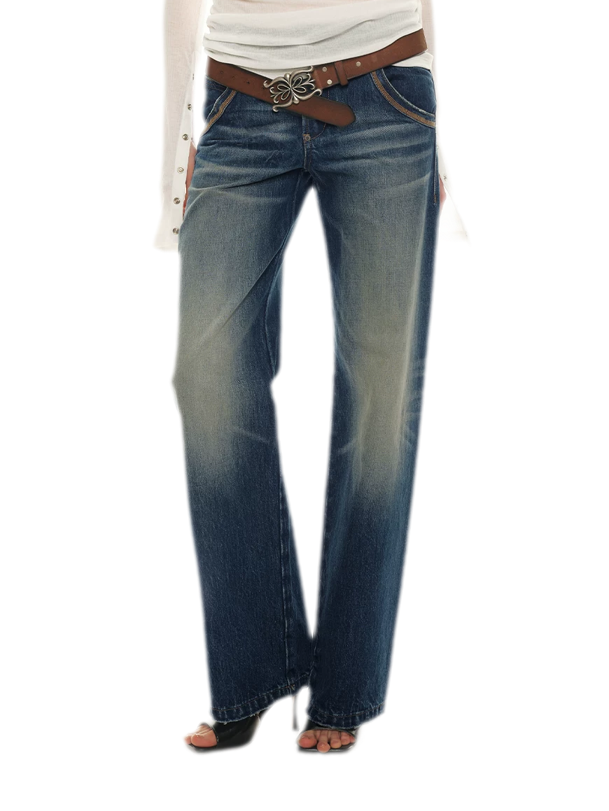 Classic Vintage Washed Distressed Wide-Leg Jeans