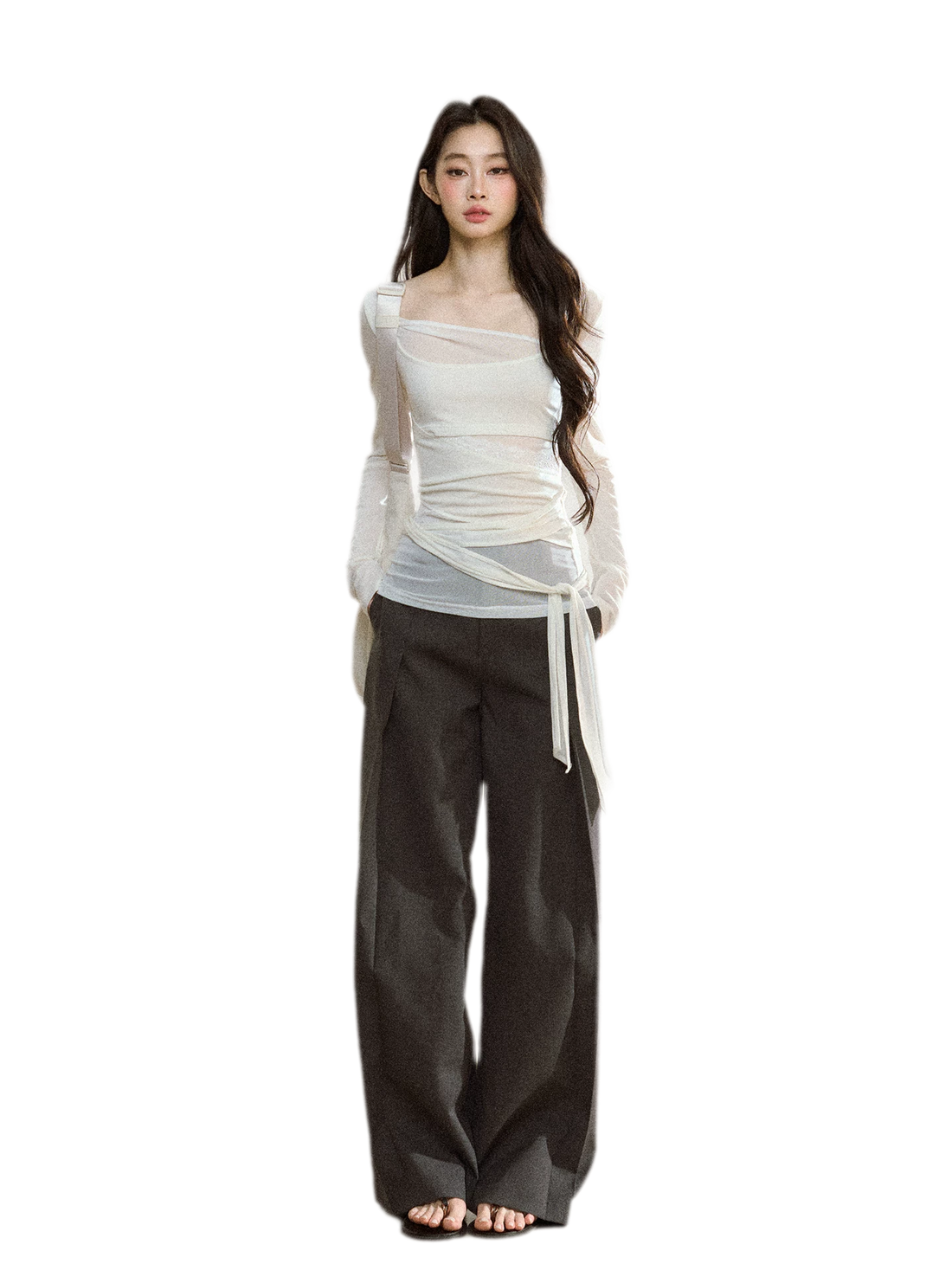 Ruched Sheer Crossover Long-Sleeve Top
