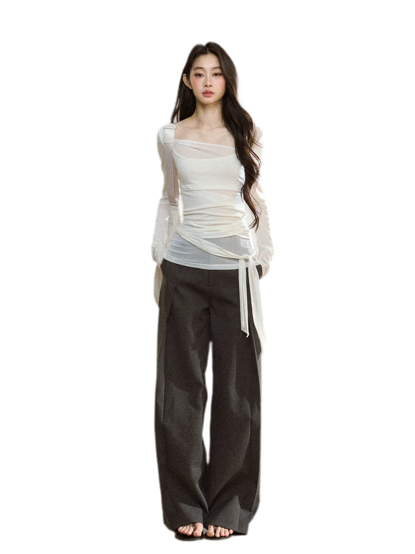 Ruched Sheer Crossover Long-Sleeve Top