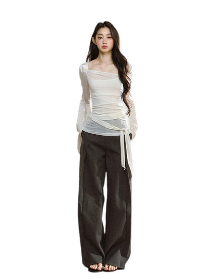 Ruched Sheer Crossover Long-Sleeve Top